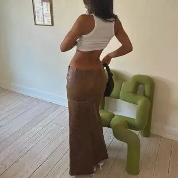 «Женская узкая юбка из искусственной кожи с разрезом в европейском и американском стиле 2024 года» Small темно-коричневого