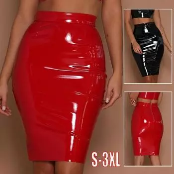 Женская узкая юбка из латекса, блестящая эластичная юбка миди из искусственной кожи с высокой талией, комплект хип-юбок, женская юбка для ночного клуба, большие размеры XL чёрный