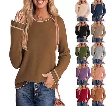 Женская вафельная футболка с длинными рукавами и круглым вырезом, модная повседневная футболка со свободной подкладкой Футболки женские S синий