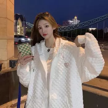 Женская вафельная куртка с капюшоном: 2025 Осень Ленивый Колледж Стиль Кардиган Молния Свитер 2XL белый