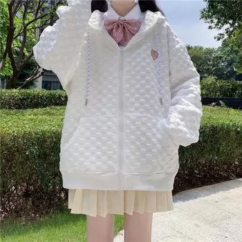 Женская вафельная куртка с капюшоном, весенне-осенний дизайн, свитер Sense, ленивая ветровка для колледжа, кардиган на молнии XXL белый