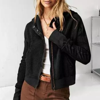 Женская вафельная трикотажная толстовка с капюшоном на молнии с длинным рукавом, укороченные толстовки, повседневные ребристые короткие куртки с карманами S чёрный