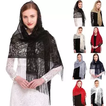 Женская вечерняя кружевная шаль, женские свадебные накидки с кисточкой, шарф-фата, винтажный католический церковный латинский массовый головной убор One Size слоновая кость