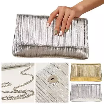 Женская вечерняя сумочка, плиссированная металлическая ПУ-сумочка-клатч, сумка через плечо с клапаном, блестящая сумка-хобо, свадебный кошелек для невесты серебряный