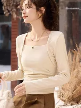 Женская вельветовая блузка Mishow, новинка 2024 года, нишевый дизайн с квадратным воротником, винтажный универсальный однотонный тонкий пуловер с длинными рукавами, топы MXC55Z0377