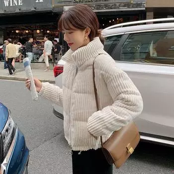 Женская вельветовая куртка с хлопковой подкладкой для студенток, короткое пальто в корейском стиле, небольшое зимнее хлопковое пальто, утолщенное свободное пальто из хлопка S коричневый