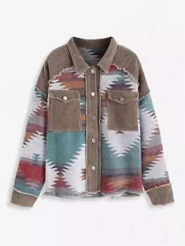 Женская вельветовая куртка ZAFUL с этническим ацтекским принтом, карманами, спущенными плечами, потертыми деталями, карманами на пуговицах S кофейный