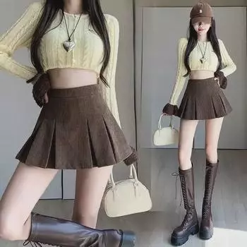 Женская вельветовая плиссированная юбка с высокой талией - стиль осень/зима Extra Large хаки