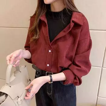 Женская вельветовая рубашка с лацканами, длинный рукав, однобортная рубашка, верх, низ, верх, многослойная одежда, рубашка в пригородном стиле L жёлтый