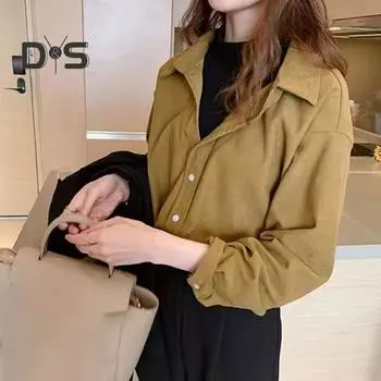 Женская вельветовая рубашка с лацканами, длинный рукав, однобортная рубашка, верх, низ, верх, многослойная одежда, рубашка в пригородном стиле S красный