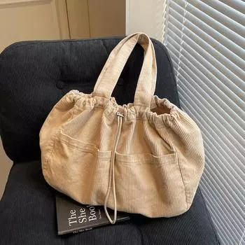 Женская вельветовая сумка большой емкости, сумка через плечо с завязками бежевый