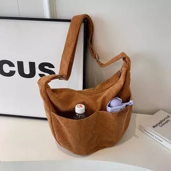 Женская вельветовая сумка через плечо, универсальная сумка с несколькими карманами, регулируемый ремешок, сумка на молнии, сумка для покупок чёрный