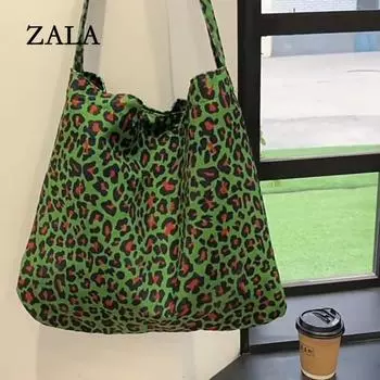 Женская вельветовая сумка через плечо, зеленая тканевая сумка с леопардовым принтом, большая вместительная сумка, повседневные дорожные сумки для покупок 45x35cm зелёный