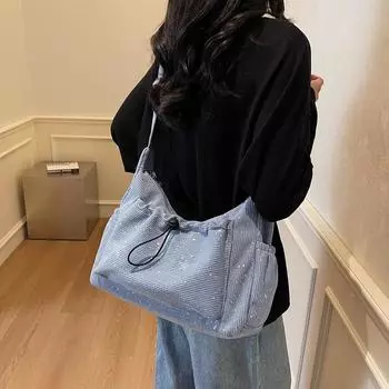 Женская вельветовая сумка с пайетками, большая вместимость, сумка через плечо чёрный