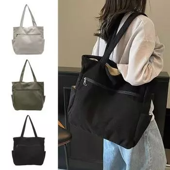 Женская вельветовая сумка-тоут, большая сумка на плечо, однотонная повседневная сумка-тоут с молнией и карманами для путешествий, занятий в спортзале, отпуска зелёный