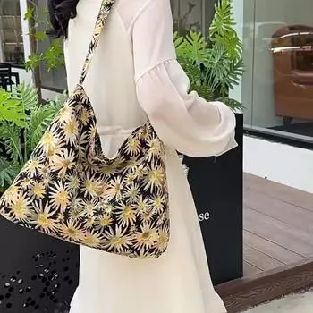 Женская вельветовая сумка-тоут, повседневная сумка на плечо с принтом, модная сумка с верхней ручкой, легкая сумка, многоразовая сумка для продуктов 43x36cm чёрный