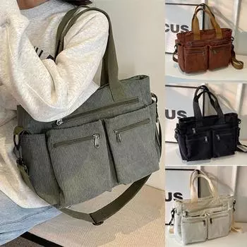 Женская вельветовая сумка-тоут с несколькими карманами, сумка через плечо, большая вместимость, сумка-хобо чёрный