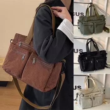 Женская вельветовая сумка-тоут с несколькими карманами, сумка через плечо, большая вместимость, сумка-хобо чёрный