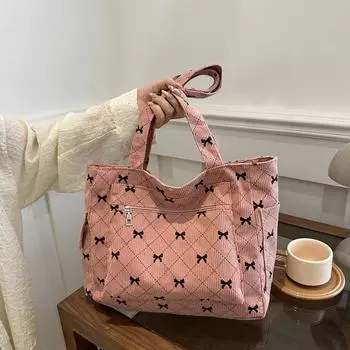 Женская вельветовая сумка-тоут, стильная, большой емкости, повседневная сумка для поездок на работу, с бантом, простая сумка для покупок, шикарные сумки 32x13.5x29cm розовый