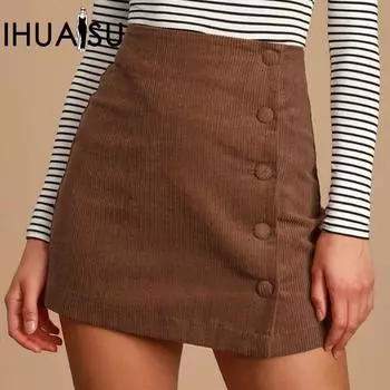 Женская вельветовая юбка IHUASU, облегающая до талии, на осень и зиму, однотонная, с запахом, с пряжкой-молнией, короткая юбка с высокой талией, облегающая юбка до бедер S чёрный