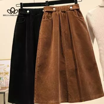 Женская вельветовая юбка, осень-зима, винтажная свободная трапециевидная женская длинная юбка в стиле Харадзюку, женская юбка с высокой талией S чёрный