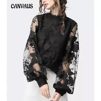 Женская верхняя кружевная блузка с круглым вырезом и длинными рукавами, сплошной цвет S чёрный