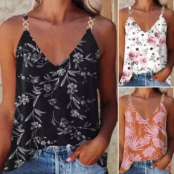 Женская верхняя летняя блузка без рукавов с цветочным принтом и V-образным вырезом для повседневного ношения M белый