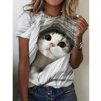 Женская верхняя летняя футболка с 3D принтом кота, свободные футболки с короткими рукавами и круглым вырезом S