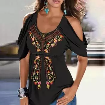 Женская верхняя модная летняя свободная универсальная футболка с принтом в этническом стиле для повседневной носки 4XL чёрный