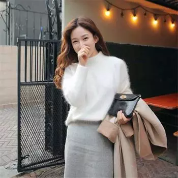Женская верхняя одежда, белый свитер с воротником на осень и зиму, вязаный пуловер, шерстяной свободный топ S белый