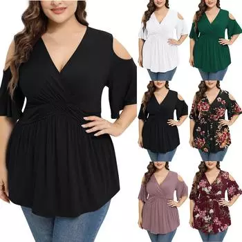 Женская верхняя одежда больших размеров с короткими рукавами и запахом, нарядная рубашка, низкая блузка с открытыми плечами XXL чёрный