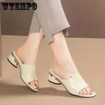 Женская верхняя одежда, летняя женская обувь на толстом каблуке на среднем каблуке, сандалии и тапочки из мягкой кожи, модные женские тапочки с открытым носком 35