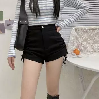 Женская верхняя одежда на весну и осень, новые широкие шорты трапециевидной формы, летняя сетка с высокой талией, красный костюм, шорты на шнуровке S чёрный