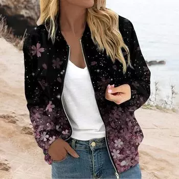 Женская верхняя одежда с длинным рукавом и принтом, повседневные топы на молнии, кардиган, рубашка, тонкая куртка для женщин L чёрный