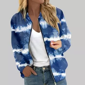 Женская верхняя одежда с длинным рукавом и принтом, повседневные топы на молнии, кардиган, рубашка, тонкая куртка для женщин S синий