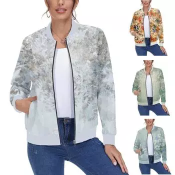 Женская верхняя одежда с длинным рукавом и принтом, повседневные топы на молнии, кардиган, рубашка, тонкая куртка для женщин M небесно-голубой