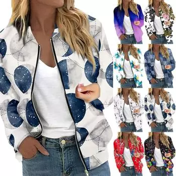 Женская верхняя одежда с длинным рукавом и принтом, повседневные топы на молнии, кардиган, рубашка, тонкая куртка для женщин S чёрный