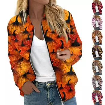 Женская верхняя одежда с длинным рукавом и принтом, повседневные топы на молнии, кардиган, рубашка, тонкая куртка для женщин M чёрный