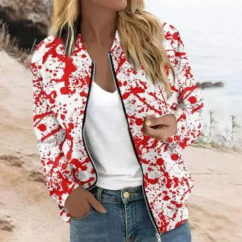 Женская верхняя одежда с длинным рукавом и принтом, повседневные топы на молнии, кардиган, рубашка, тонкая куртка для женщин XL киноварь