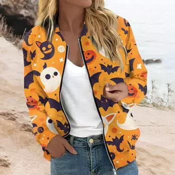 Женская верхняя одежда с длинным рукавом и принтом, повседневные топы на молнии, кардиган, рубашка, тонкая куртка для женщин S оранжевый