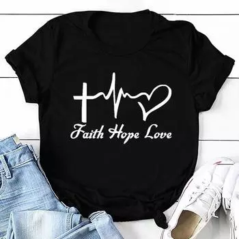 Женская верхняя одежда с короткими рукавами, модная повседневная забавная футболка с круглым вырезом и круглым вырезом с принтом «Вера, надежда, любовь», летняя футболка XXS серый