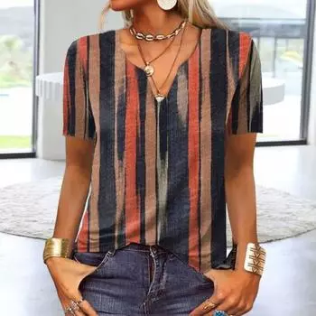 Женская верхняя одежда с принтом, дышащая, удобная, с V-образным вырезом, с короткими рукавами, повседневная одежда плюс 2XL хаки