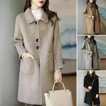 Женская верхняя одежда Стильное женское зимнее пальто с отложным воротником и карманами, однобортное, удобное и шикарное, для холода XXXL чёрный