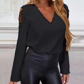 Женская верхняя однотонная кружевная весенняя рубашка с V-образным вырезом и кисточками для работы XL белый