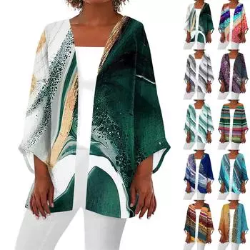 Женская верхняя повседневная легкая куртка-кардиган средней длины с принтом в стиле ретро L синий