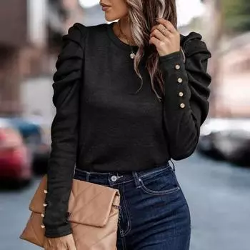 Женская верхняя рубашка с круглым вырезом, сплошной цвет, пуловер с пышными рукавами, верхняя повседневная одежда, свободная футболка с длинным рукавом, офисная пригородная одежда, женская осенняя одежда XL чёрный