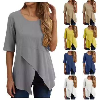 Женская верхняя рубашка с нерегулярным круглым вырезом, блузка с половиной рукава, сплошной цвет больших размеров L темно-синий