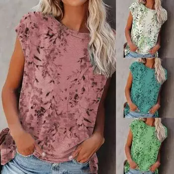Женская верхняя рубашка с растительным принтом, свободная футболка с коротким рукавом и круглым вырезом