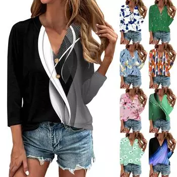 Женская верхняя рубашка с рукавом 3/4 с цветочным принтом и v-образным вырезом, свободная повседневная футболка XXL розовый