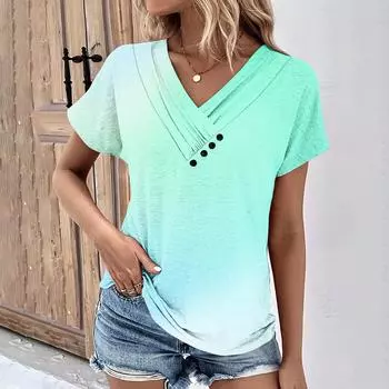 Женская верхняя рубашка с v-образным вырезом и принтом на пуговицах и короткими рукавами, футболка, верхняя рубашка L разноцветный